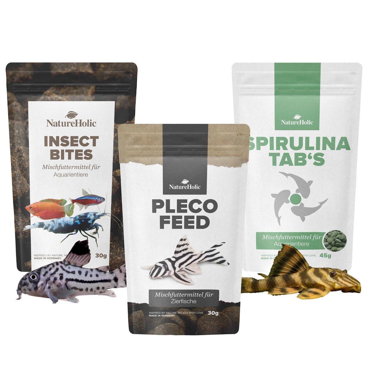 NatureHolic Wels Futter Tabletten Set - Welsfeed, Spirulina Tabs, Insect Bites - Abwechslungsreiche Nährstoffversogung für Saugwelse