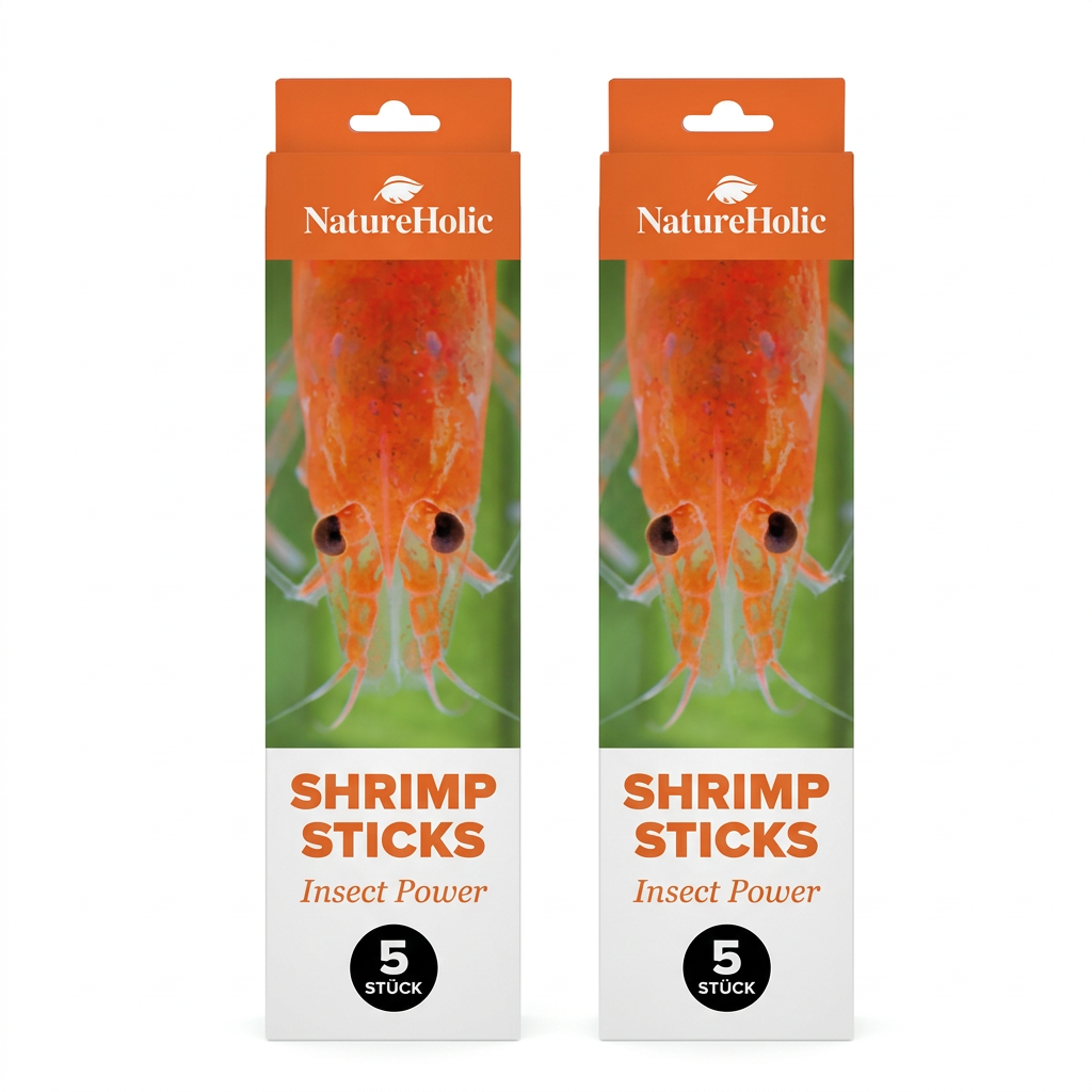 Zwei Packungen NatureHolic Shrimp Sticks nebeneinander auf weißem Hintergrund