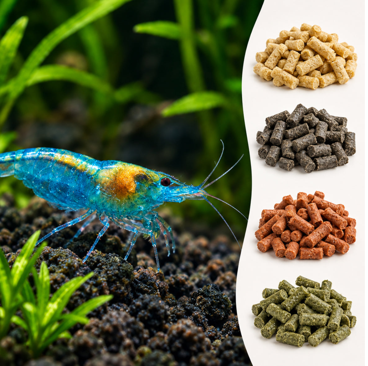 10 St. Blue Jelly Garnele – Neocaridina davidi + Gratis Garnelen Futtersticks – Zufälliger Mix (25 g)