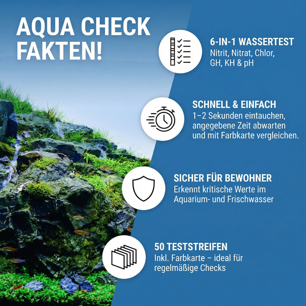 NatureHolic - Aqua Check 6-in-1 Wassertest - Teststreifen fürs Aquarium - 50 Stück