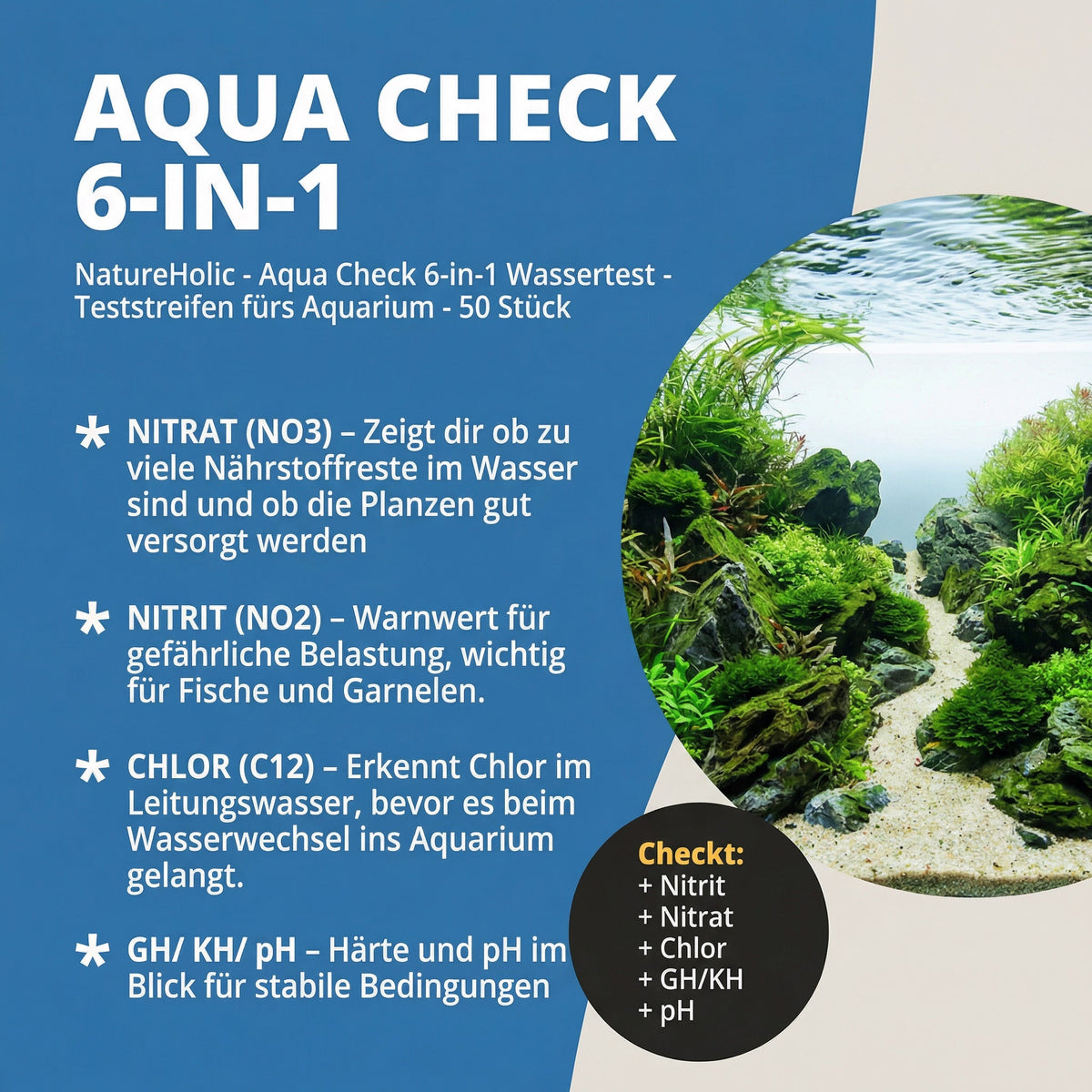 NatureHolic - Aqua Check 6-in-1 Wassertest - Teststreifen fürs Aquarium - 50 Stück