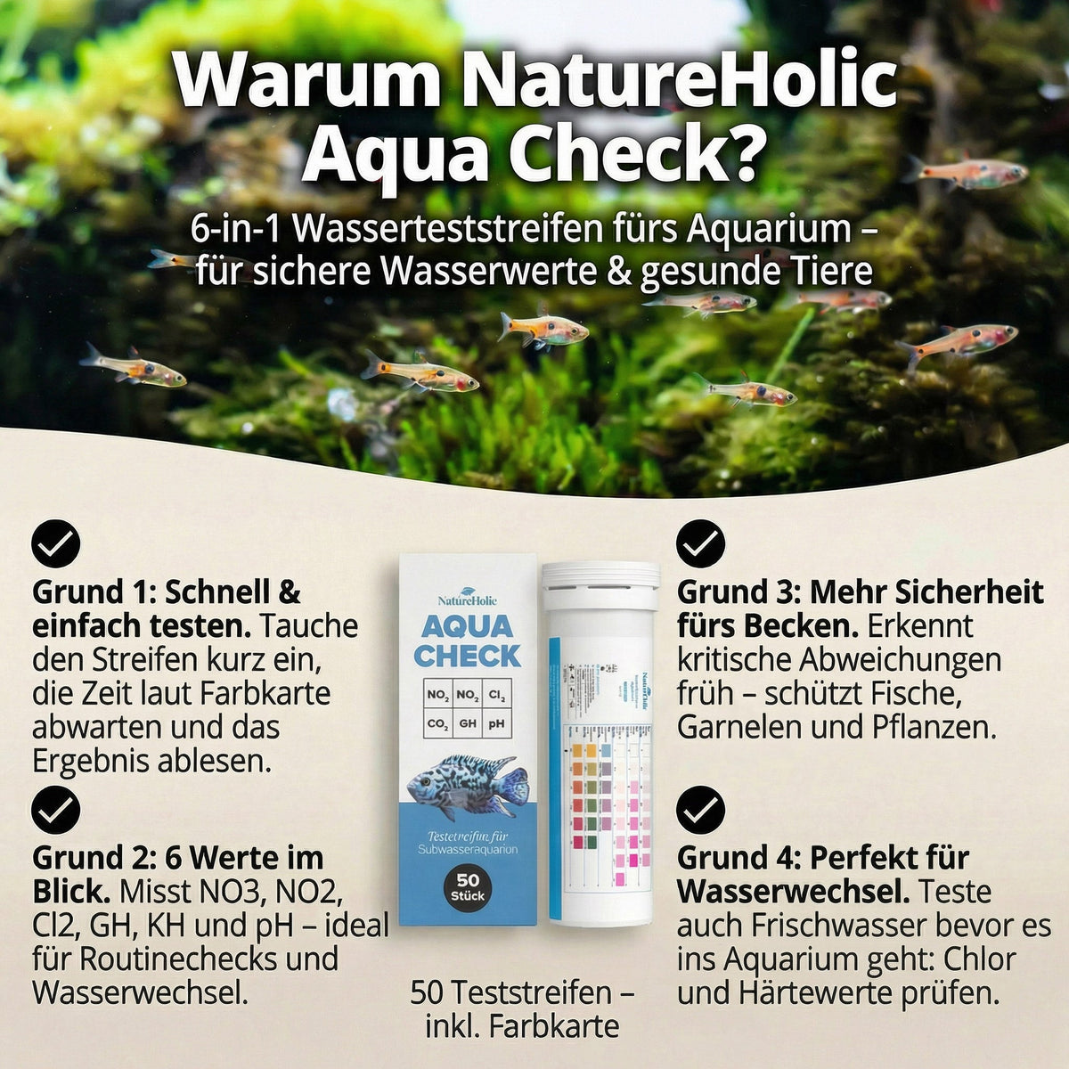 NatureHolic - Aqua Check 6-in-1 Wassertest - Teststreifen fürs Aquarium - 50 Stück