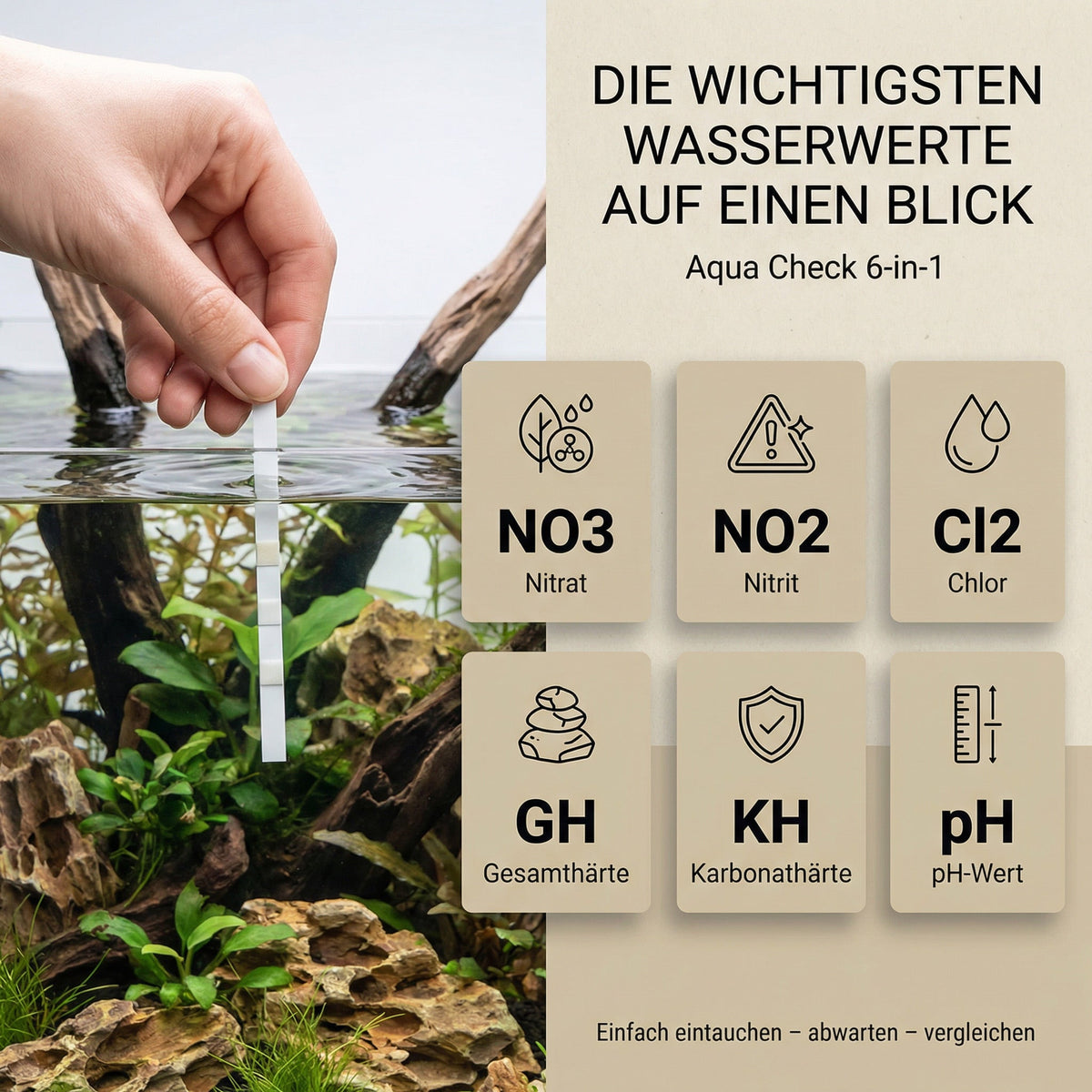 NatureHolic - Aqua Check 6-in-1 Wassertest - Teststreifen fürs Aquarium - 50 Stück