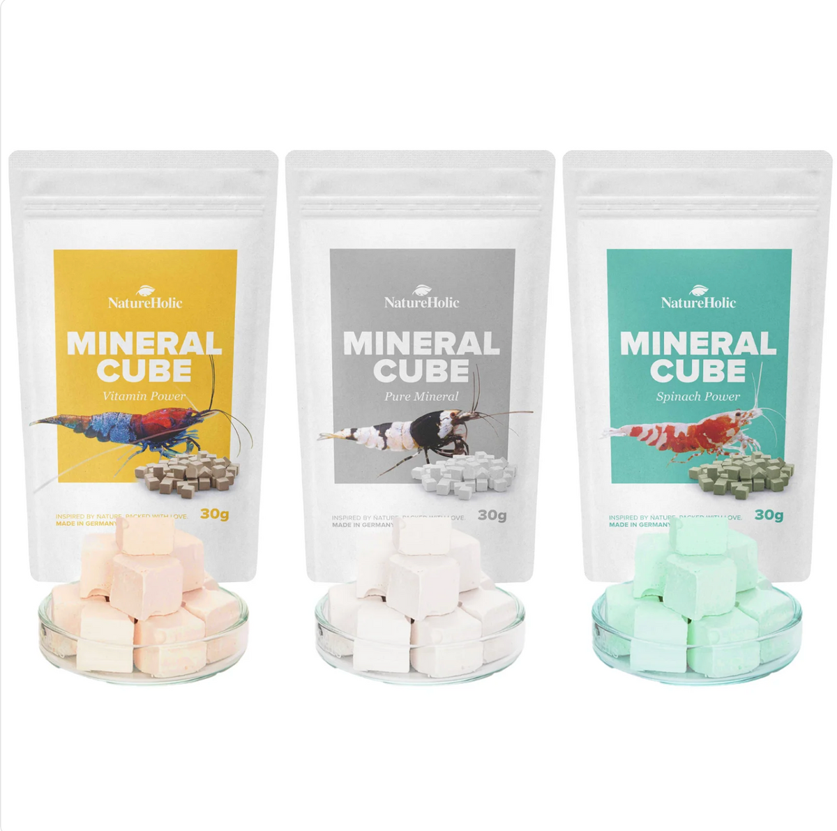 NatureHolic MineralCube Bundle - 3 Sorten - Mineralien für Garnelen, Schnecken & Krebse ( 3 mal 30 g)