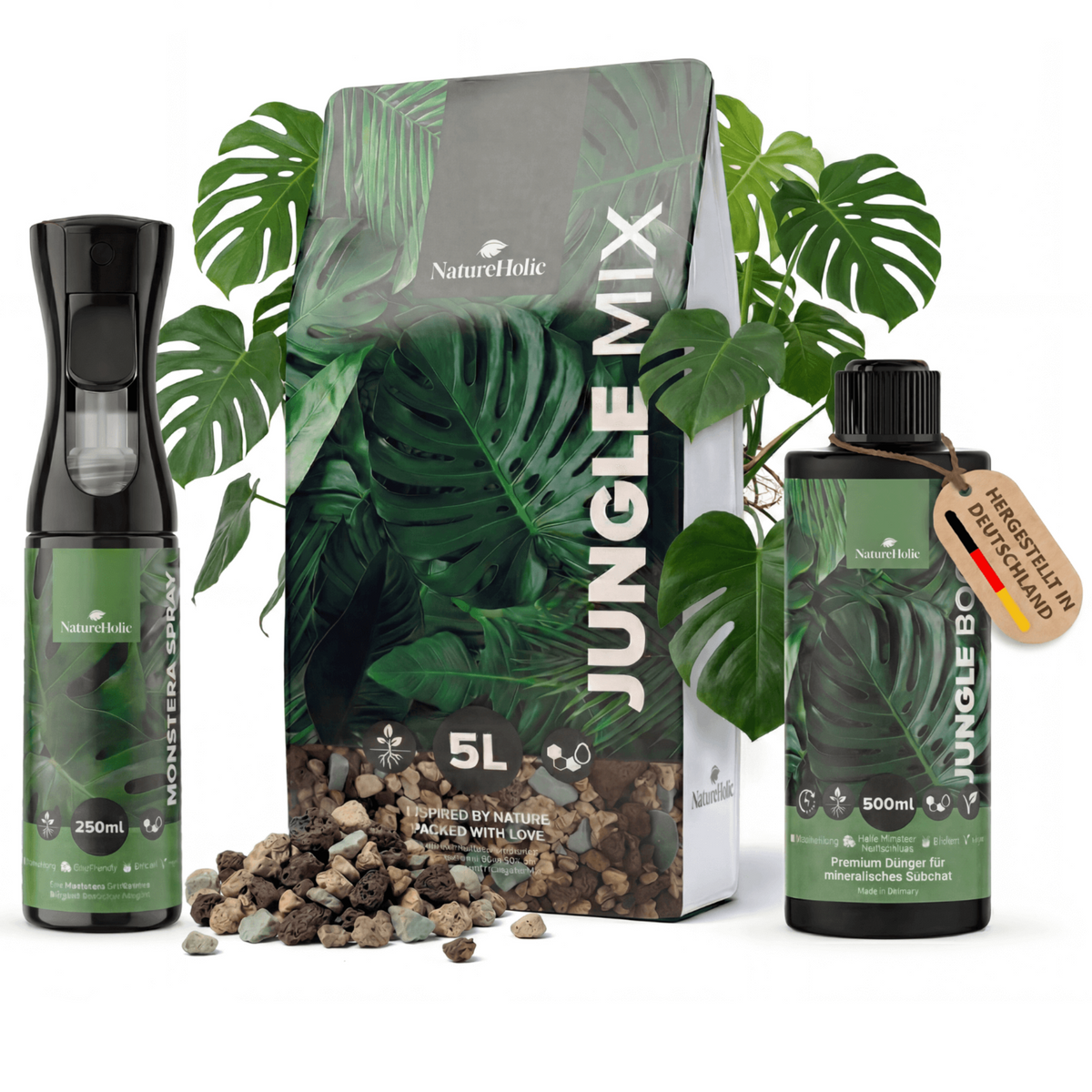 NatureHolic Zimmerpflanzen Pflege Set - Substrat, Dünger & Blattspray für Semi Hydroponik - Monstera