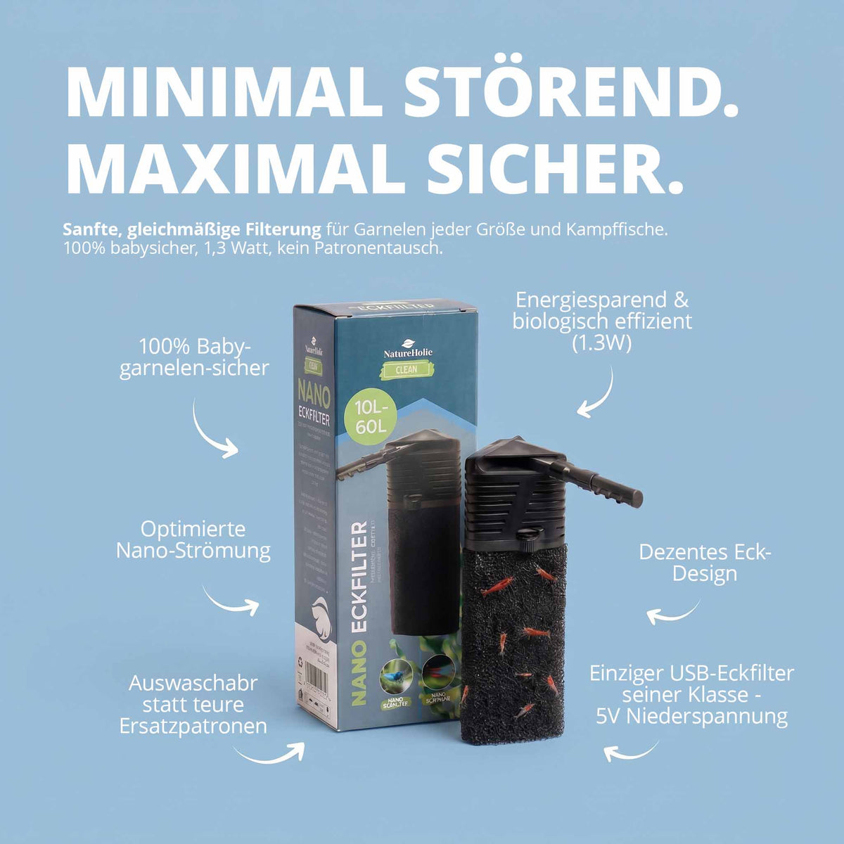 NatureHolic Nano Eckfilter – Der Garnelenfilter - 100% Garnelen- & babysicher