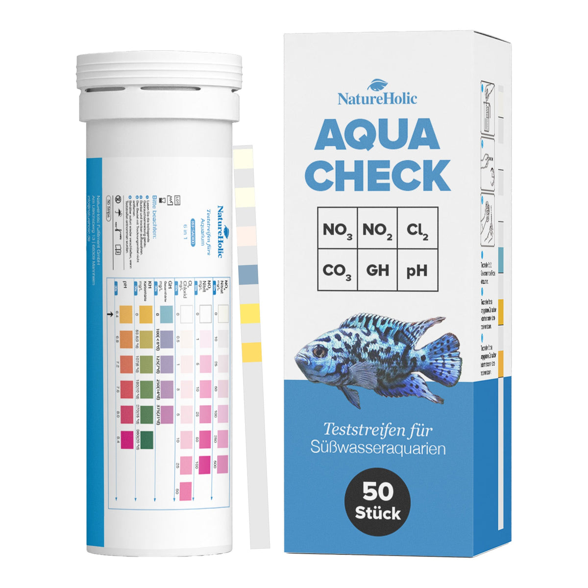 NatureHolic - Aqua Check 6-in-1 Wassertest - Teststreifen fürs Aquarium - 50 Stück