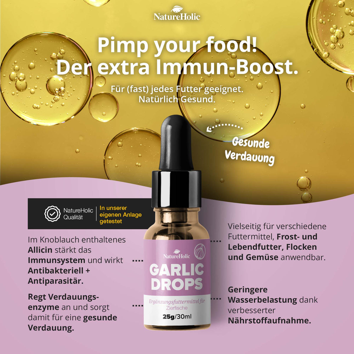 NatureHolic Garlic Drops – 500 Tropfen Knoblauch-Futterzusatz mit innovativer Gelformel für Vitalität & Immunsystem