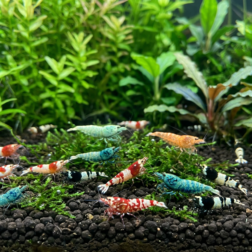 Aquarienmotiv mit bunten Garnelen ohne Schrift