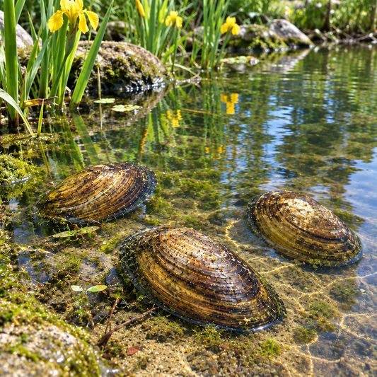 Natürlich wirkende Teichszene mit Muscheln und gelben Blüten