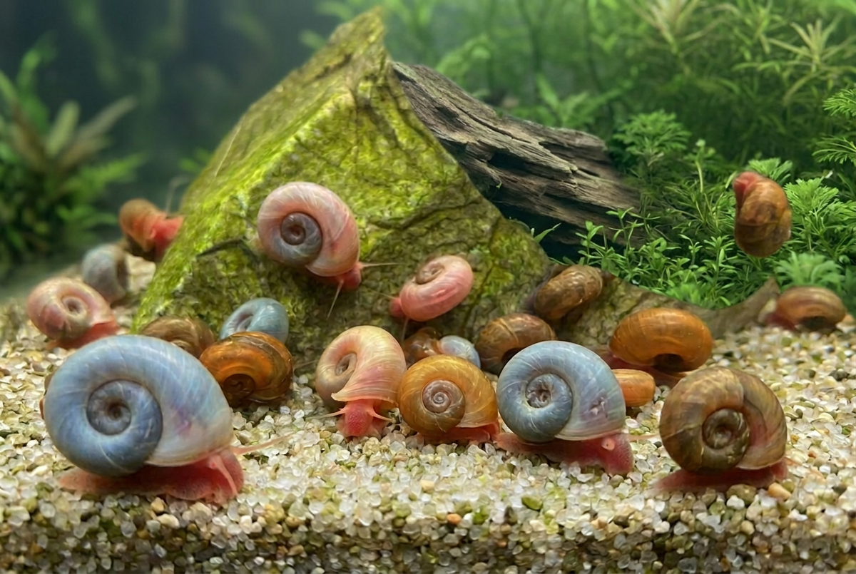 Posthornschnecken vor einem natürlichen Pflanzenhintergrund ohne sichtbare Aquariumscheibe