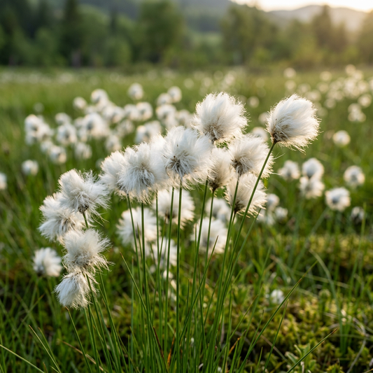 Wollgras in einer natürlichen grünen Wiese